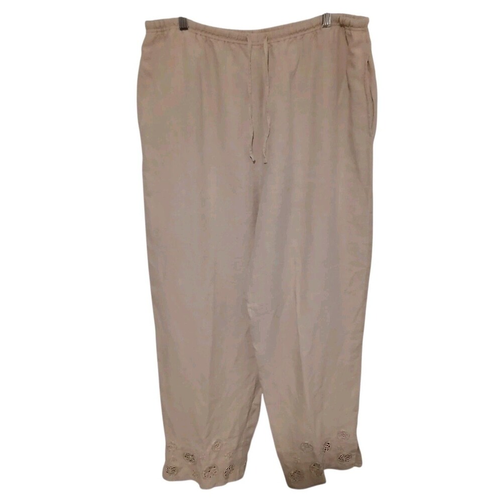 JJill Embroidered Hem Wide Leg Pull On Linen Pants Pockets Large Beige Lagenlook